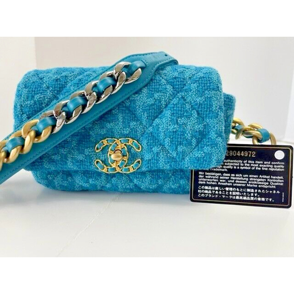 Chanel 19 Blue Turquoise GOLD SILVER MIXED METAL Tweed Crossbody Belt Waist bag